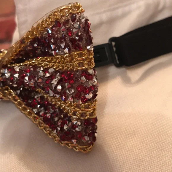 Gold and Red Beaded Bow Tie